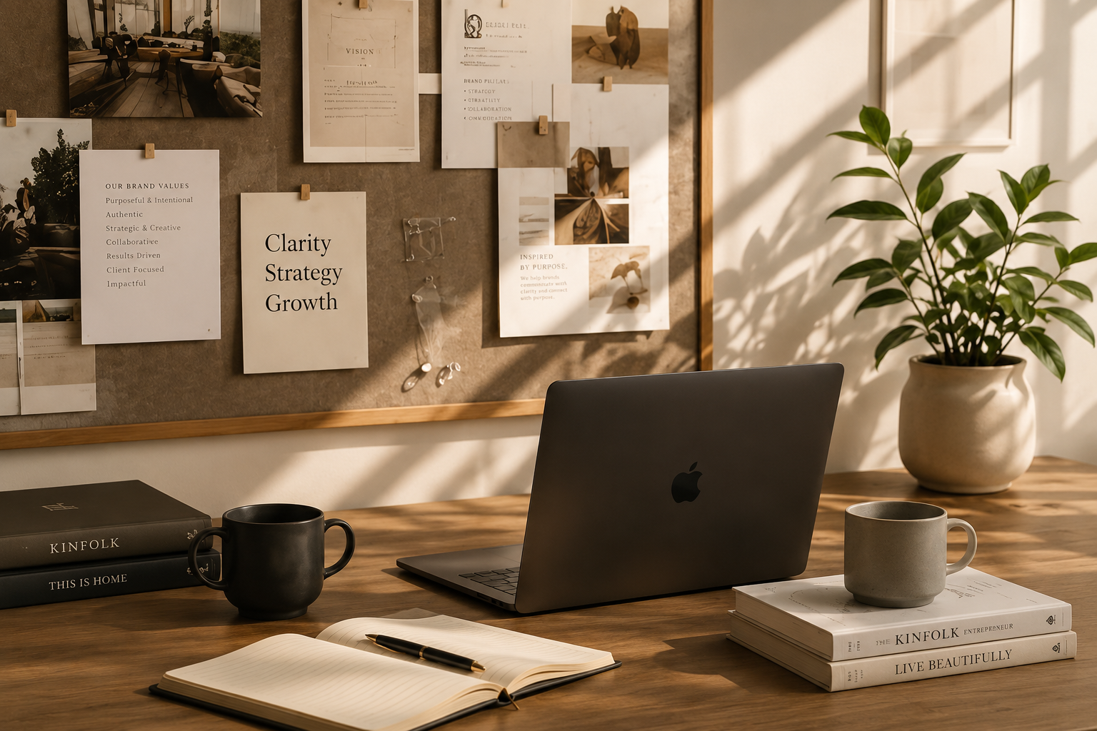 Founder-led strategy workspace with laptop, brand board and plant