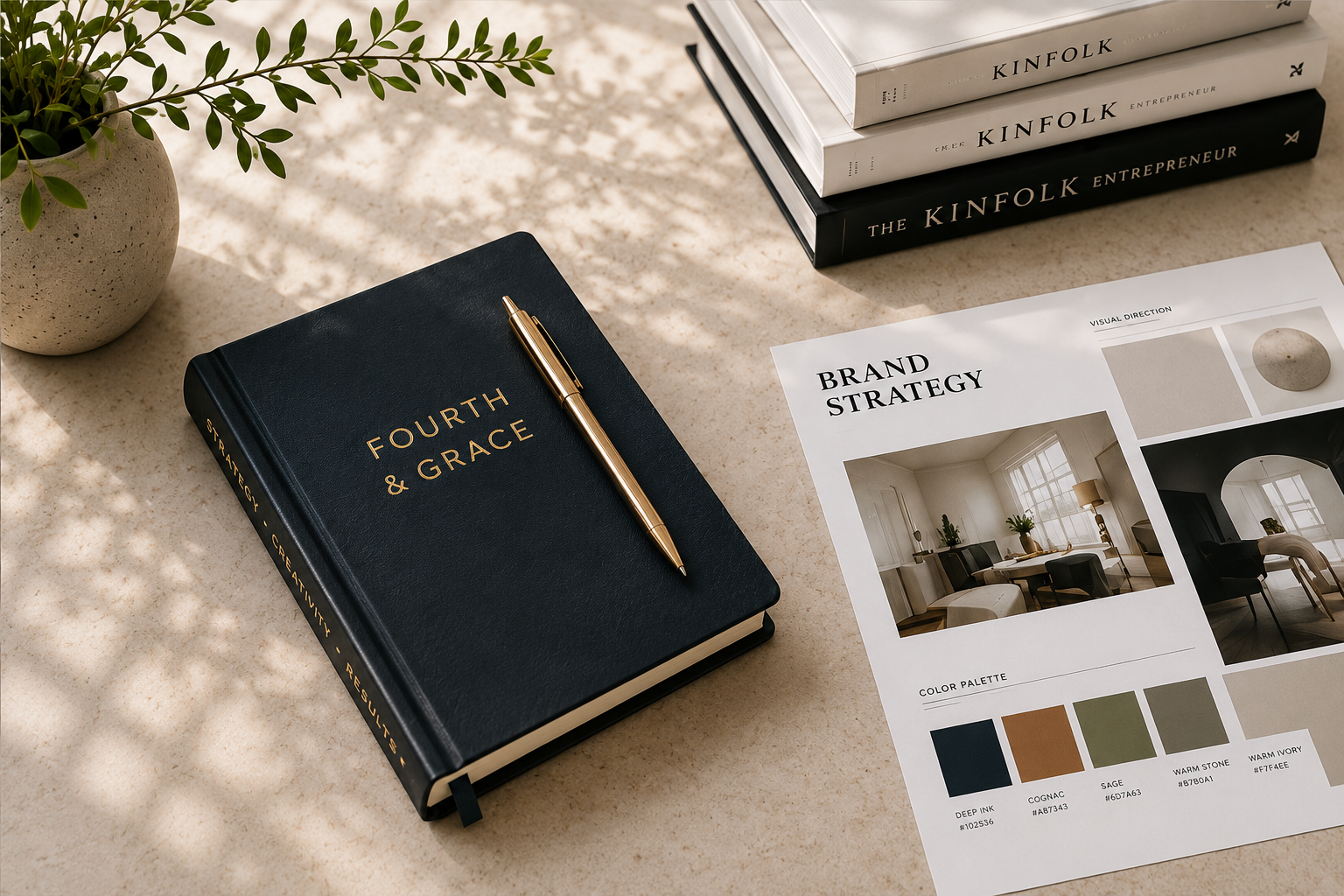 Fourth & Grace brand strategy notebook and creative direction materials