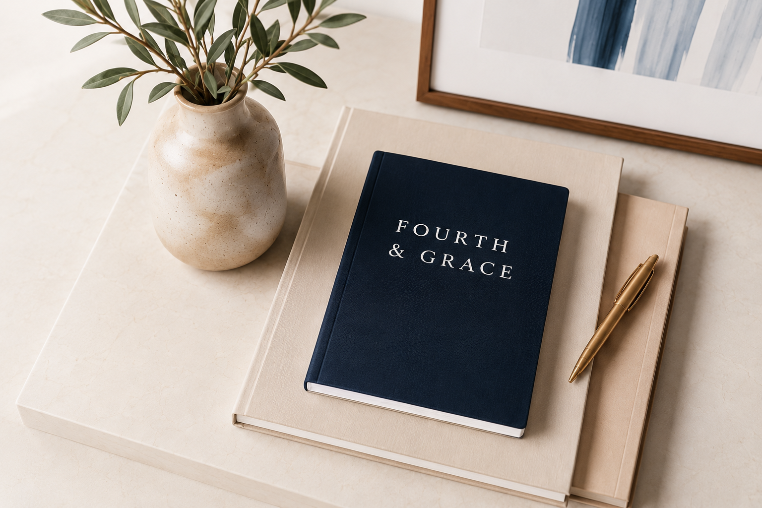 Fourth & Grace navy journal, botanical arrangement and editorial workspace