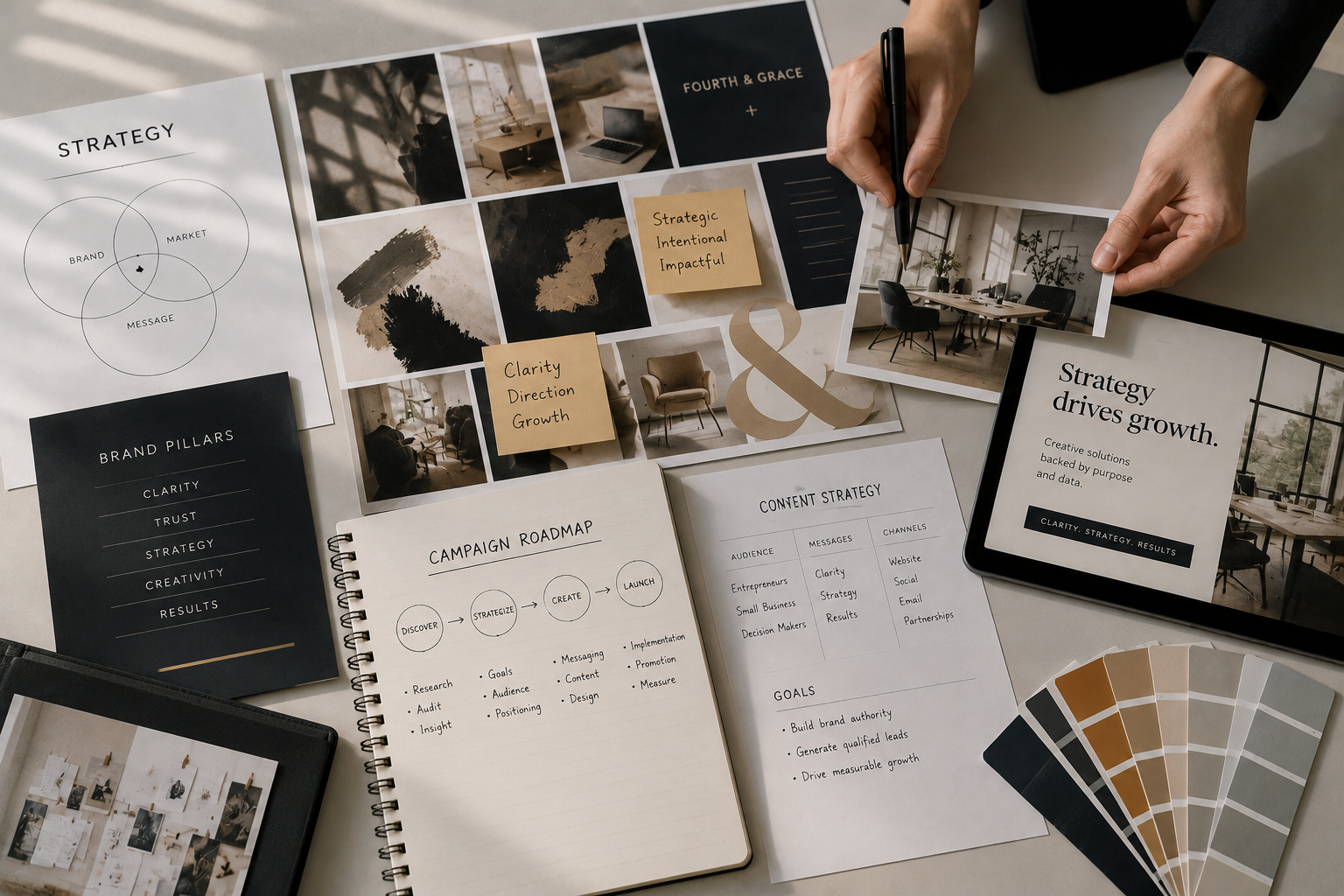 Hands actively developing a creative marketing strategy