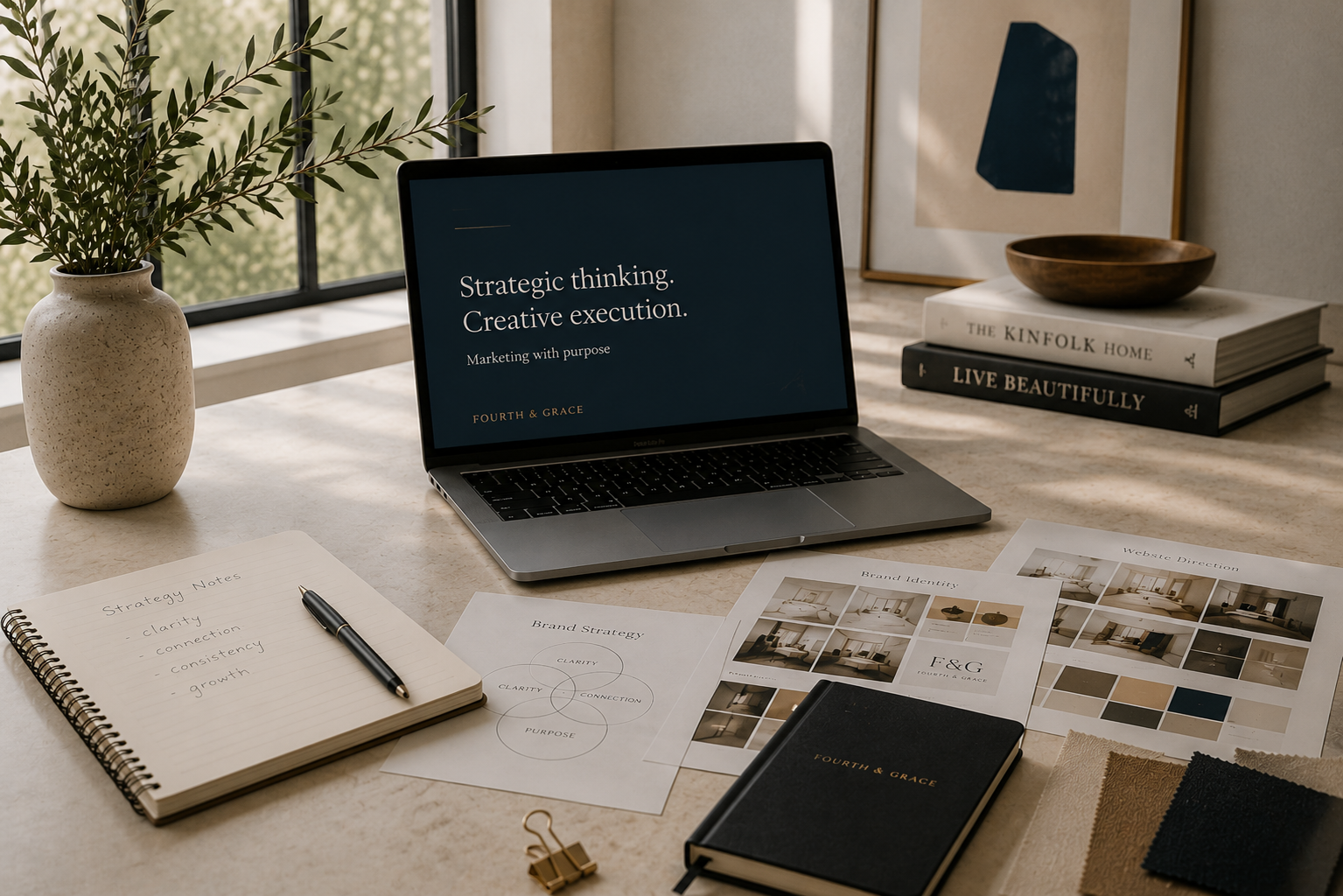 Fourth & Grace strategy workspace with laptop, planning materials and brand direction