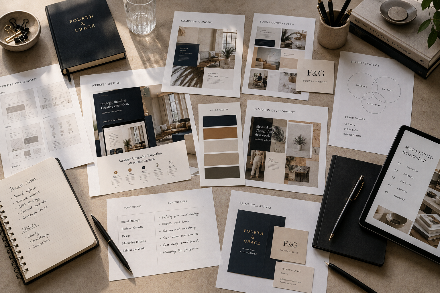 Creative production workspace with strategy, website, campaign, content and brand materials