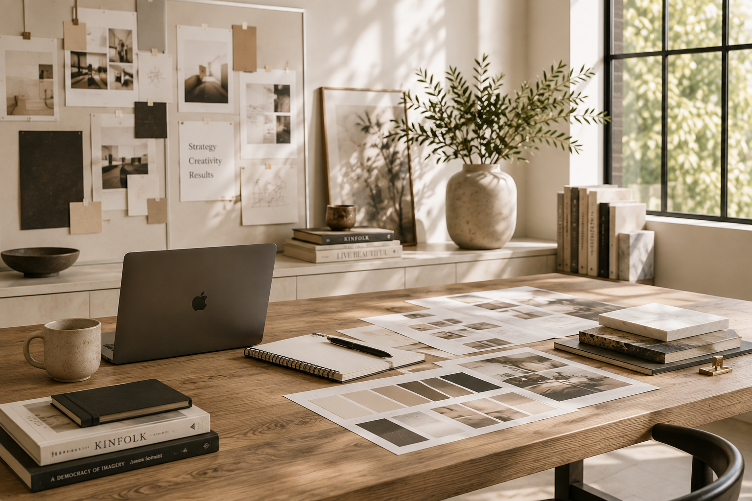 A refined creative workspace with a laptop, moodboard and natural light