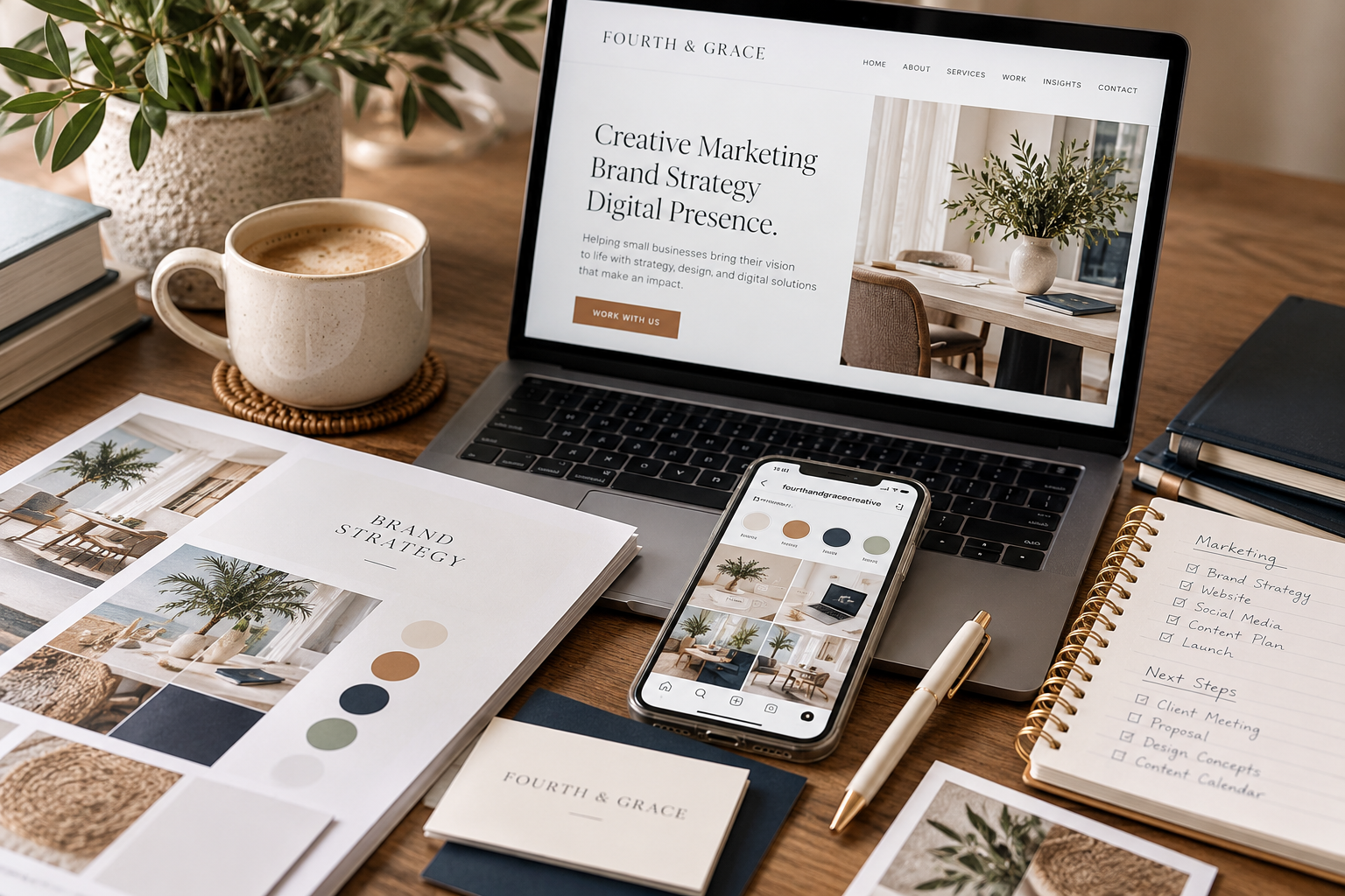 Laptop, phone and branding materials arranged on a creative workspace