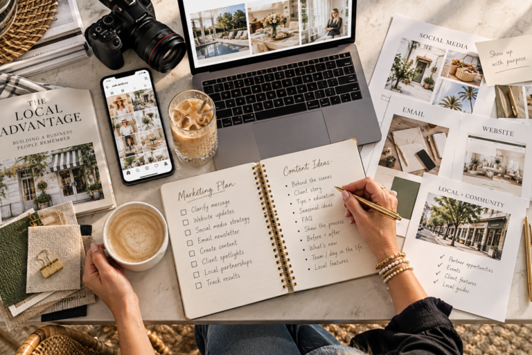 Overhead marketing planning desk with notebook, laptop, phone, camera and coffee