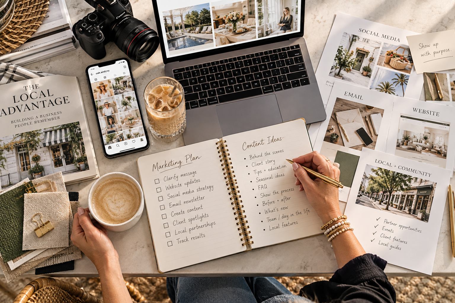 Overhead marketing planning desk with notebook, laptop, phone, camera and coffee