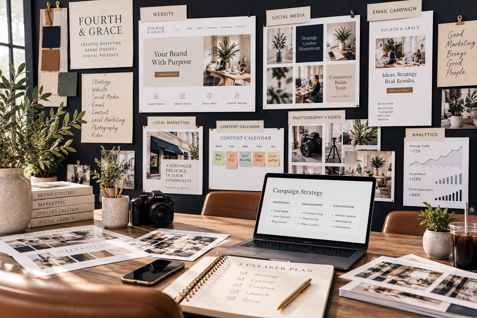 Fourth & Grace creative strategy wall with connected marketing channels and campaign planning