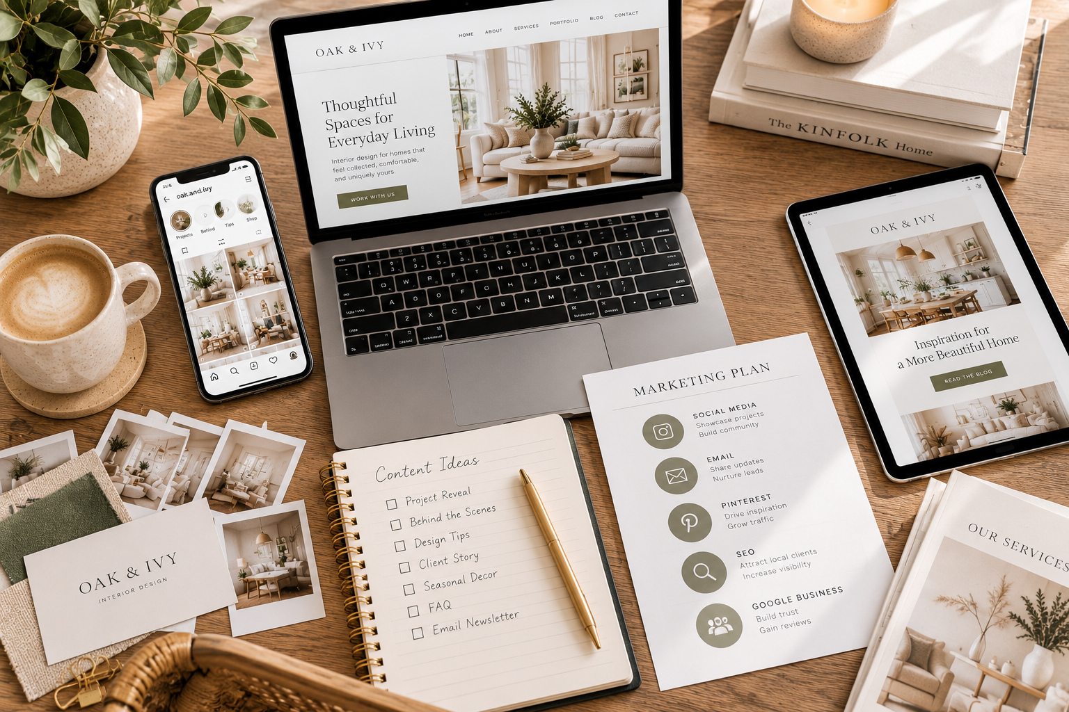 Overhead marketing workspace with laptop, phone, notebook and coffee