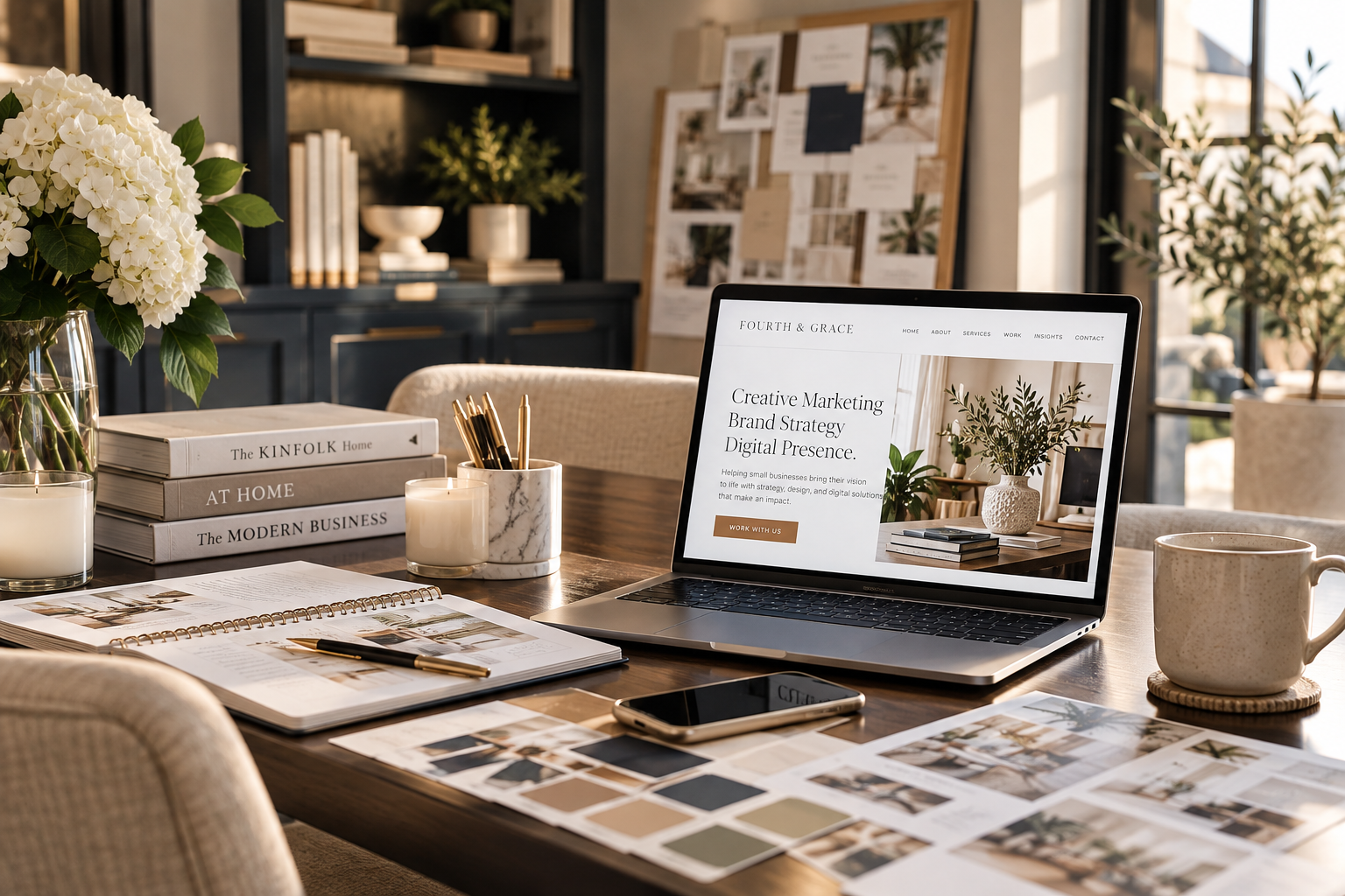 Warm creative studio workspace with laptop and printed brand strategy materials