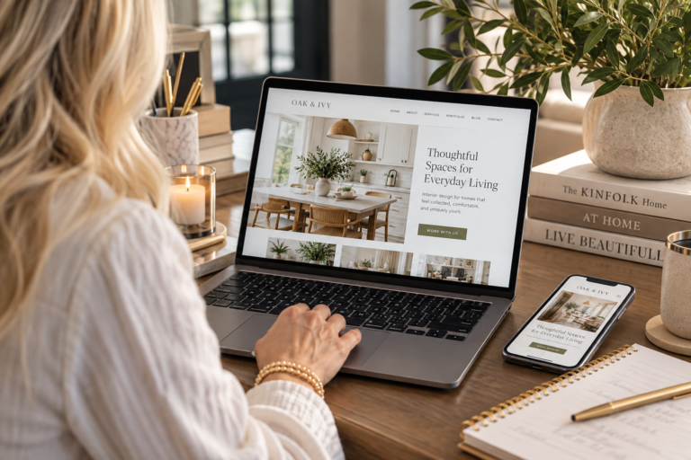 Woman working at a desk on a laptop displaying a business website